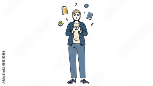 Illustration depicting a person feeling stressed and overwhelmed with technology and information