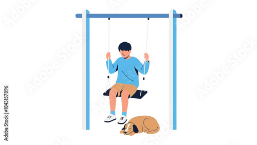 A young boy enjoying the playground swing set while his dog sleeps peacefully near him