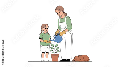 A mother and daughter watering a plant in a pot with a sleeping dog nearby