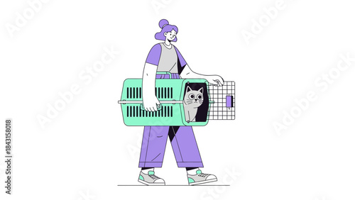 Woman Carrying Cat in Carrier: Illustration Depicting Pet Transportation and Animal Care