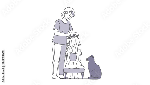 A mother combing her daughter's hair with a cat watching them in an illustration