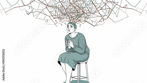 Illustration depicting a person overwhelmed by thoughts and abstract mental processes