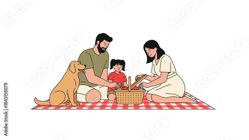 Family picnic with a dog enjoying leisure time together outdoor on a sunny day