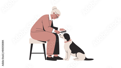 An elderly woman is grooming her dog, creating a moment of peace and companionship