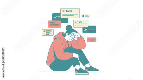 Illustration depicting a stressed person overwhelmed by task management and to-do lists