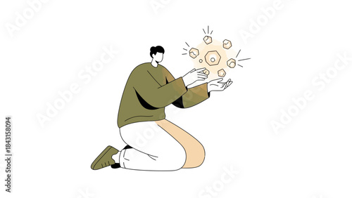 Illustration of a person kneeling and conjuring shapes on a white background
