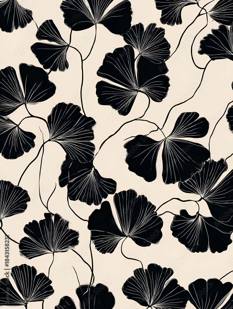 Fototapeta premium Ginkgo Leaves Pattern: An elegant and artistic pattern features black ginkgo leaves with delicate lines on a cream background.