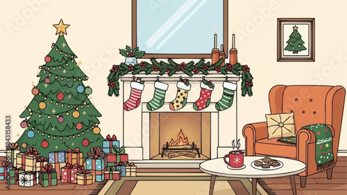 Cozy Christmas Living Room Scene with Decorated Tree and Fireplace.
