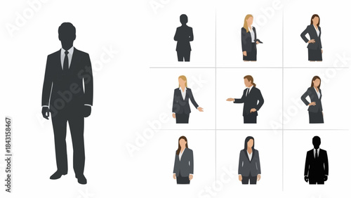 Collection of business professionals in suits standing and gesturing.