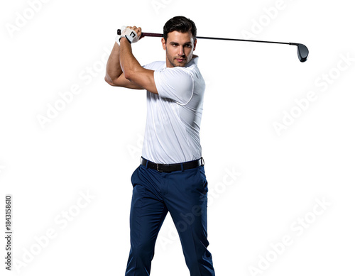Male Golfer in Full Swing Follow-Through Pose, Focused Expression, Transparent Background.