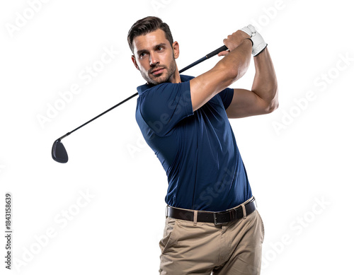 Male Golfer in Full Swing Follow-Through Pose, Focused Expression, Transparent Background.