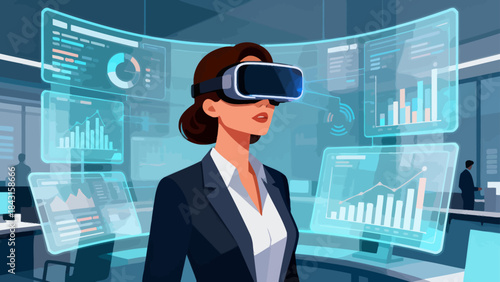 This illustration shows a business professional using a VR headset to interact with digital data charts, symbolizing the integration of technology in modern corporate analytics.