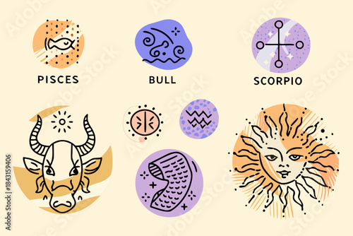 Collection of zodiac symbols and astrology icons with abstract shapes