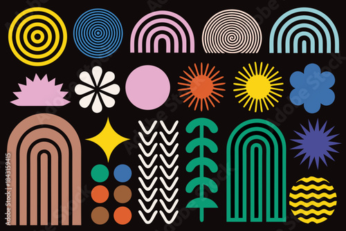 Abstract geometric shapes and patterns in retro style on black background