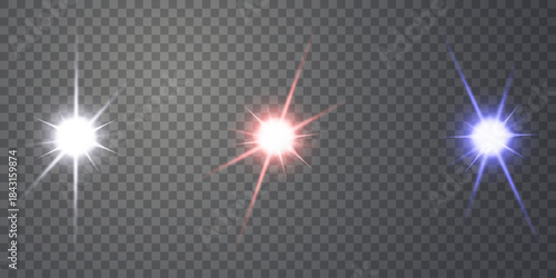 Glowing shine transparent light effect, White glowing light explosion effect. PNG ideal for realistic photo flare with shine ray glow, Sun flash with warm rays, and spotlight.