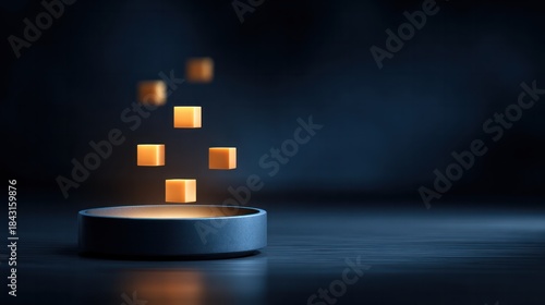 Fototapeta Naklejka Na Ścianę i Meble -  Floating cubes visualization digital studio 3d graphics dark environment abstract concept for tech innovation