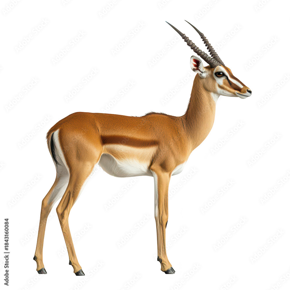 Fototapeta premium A graceful antelope stands elegantly against a plain white background. its slender body and distinct horns. ideal for wildlife photography and educational purposes