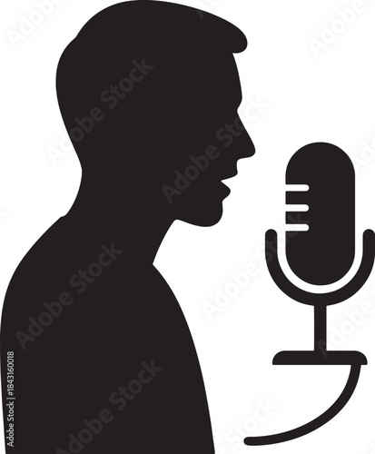 Vector Silhouette of Person Speaking into Podcast Microphone – Modern Audio Tech Illustration