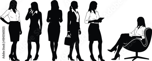 Business women silhouettes, professional female workforce, corporate leadership concept, elegant office fashion, confident entrepreneurs, modern workplace illustration, career, success, teamwork