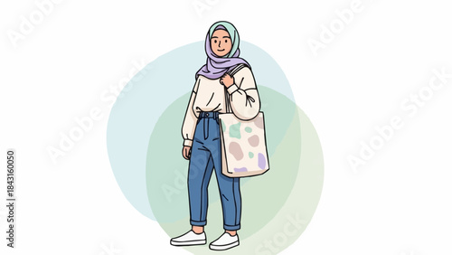 Young Muslim Woman Wearing Hijab and Casual Outfit Holding a Tote Bag.