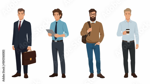 Four diverse men in business casual and formal attire standing together.