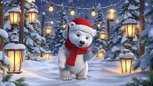 Wallpaper Mural A fluffy polar bear in a red scarf and Santa hat strolls through a lantern-lit snowy forest at night Torontodigital.ca