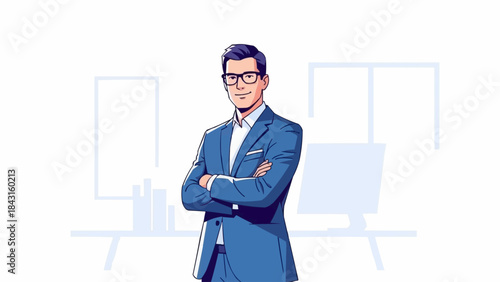 Confident Businessman Standing Arms Crossed in Modern Office.