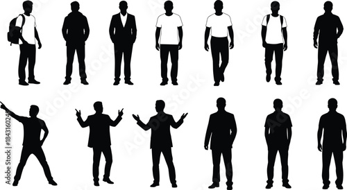 Men silhouettes collection, male people standing walking poses, casual and business outfits, black isolated figures, lifestyle illustration set, design, pack