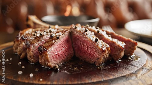 Juicy medium-rare steak slices on a rustic wooden board;! seared crust, pink center, and flaky salt
