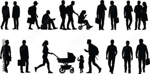 People silhouettes walking standing family business urban lifestyle activities men women parents children crowd daily life black isolated figures collection
