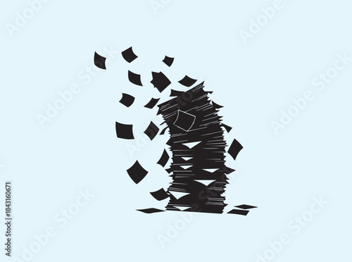 Tall Paper Stack Falling Apart Silhouette Representing Office Chaos and Workload Stress
