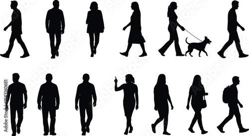 People walking silhouettes, men women pedestrians, urban lifestyle concept, isolated black figures, daily activity, movement, crowd illustration, set, design, collection