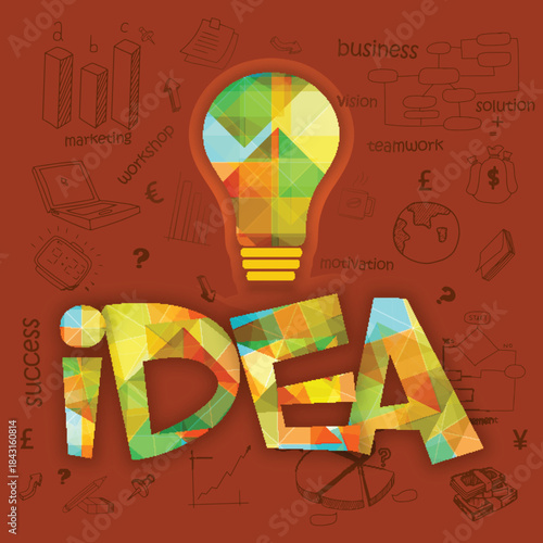 creative colorful light bulb with text idea in polygon style and various statistical 