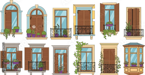 European balcony windows collection, colorful facades with shutters, potted plants, architectural illustration set, Mediterranean style, home exterior design, inspiration, decor