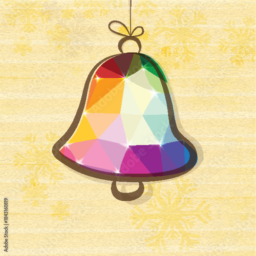 creative colorful origami jingle bell hanging on snowflakes decorated background