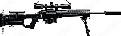 Sniper rifle silhouette, modern tactical firearm with scope, suppressor and bipod, military weapon illustration, black isolated vector design, equipment, profile