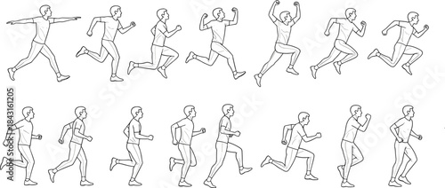 Running man poses, male athlete motion sequence, jogging sprint exercises, fitness training illustration, dynamic movement, sport anatomy, outline, study, set