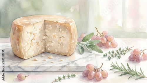Fototapeta Naklejka Na Ścianę i Meble -  Watercolor painting of a cheese wheel on a marble board. Rustic Italian food illustration with grapes and fresh herbs. Parmesan or Pecorino dairy product