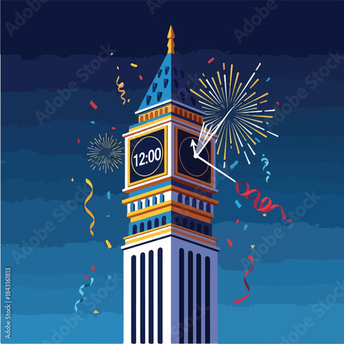 Big Ben Celebrates New Years Eve with Fireworks and Confetti.