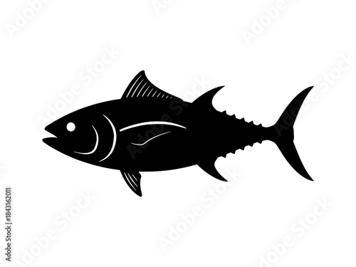 Black and White Tuna Fish Silhouette Icon Vector Graphic Isolated on White Background
