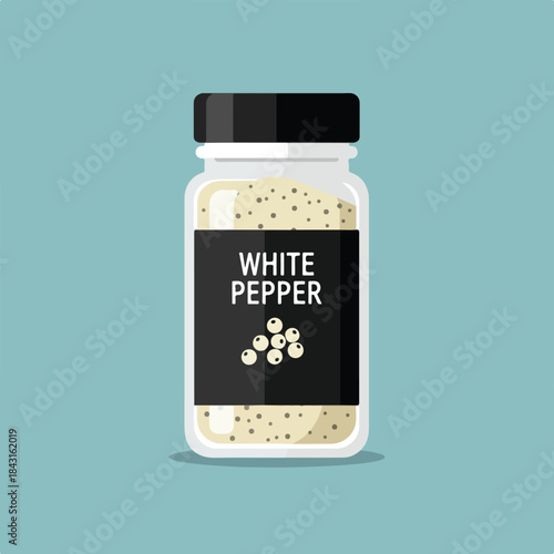 Jar labeled white pepper with a black lid. Perfect for food and culinaryrelated designs, spice packaging, recipe cards, and kitchen blog graphics.