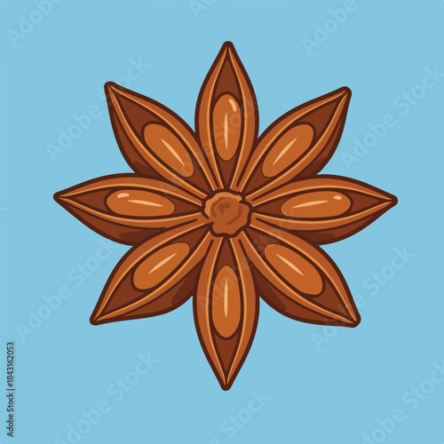 Brown star anise spice on a blue background, perfect for culinary blogs, spice packaging, recipe cards, and foodthemed designs.