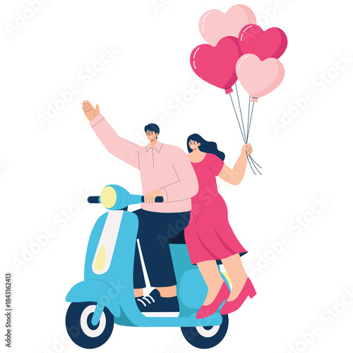 Valentine Day Illustration. Vector illustration of Romantic couple riding a scooter with heart balloons, great for Valentine promotions, date posters, and love travel concepts. Isolated on background