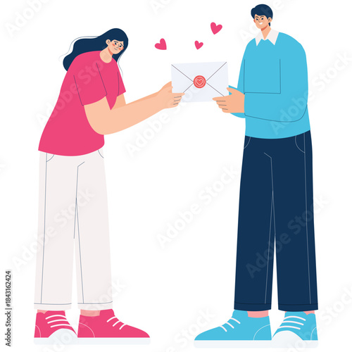 Valentine Day Illustration. Vector illustration of Young couple sharing a romantic envelope with heart seal, sweet Valentine message and relationship communication. Isolated on background