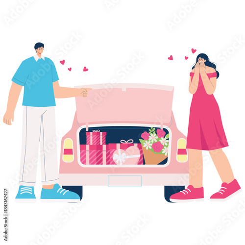 Valentine Day Illustration. Vector illustration of Man reveals car trunk filled with gifts and flowers while girlfriend reacts with excitement, romantic Valentine surprise. Isolated on background