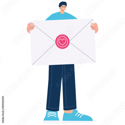 Valentine Day Illustration. Vector illustration of Man holding oversized envelope with heart seal, romantic message and Valentine greeting concept. Isolated on background