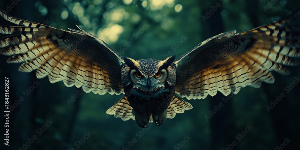 Fototapeta premium Majestic owl flying in forest with open wings