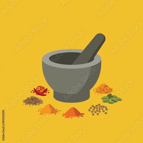 Mortar and pestle with vibrant spices, perfect for culinary blogs, cooking magazines, restaurant menus, herbal remedy websites, and foodrelated designs.
