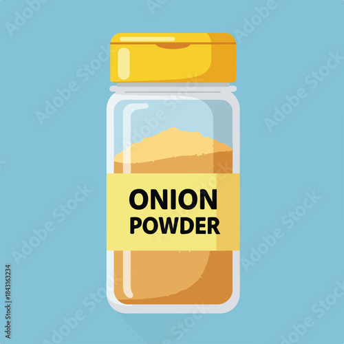 Bottle of onion powder for food photography, spice packaging design, recipe blog, culinary social media posts, kitchen product promotion.