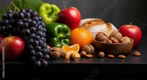 Fototapeta Naklejka Na Ścianę i Meble -  A variety of fruits and nuts on a dark surface.
